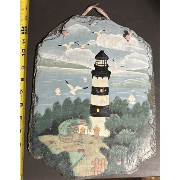 Vintage Young's Incorporated Slate Plaque Lighthouse Hand Painted 13"L x 10"W - Picture 1 of 16